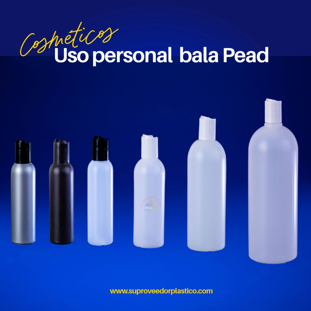 Surtido de botellas plásticas cilíndricas de PEAD (HDPE) en colores gris, negro, natural y blanco, con tapas Disc-Top negras y blancas. Envases para champú.