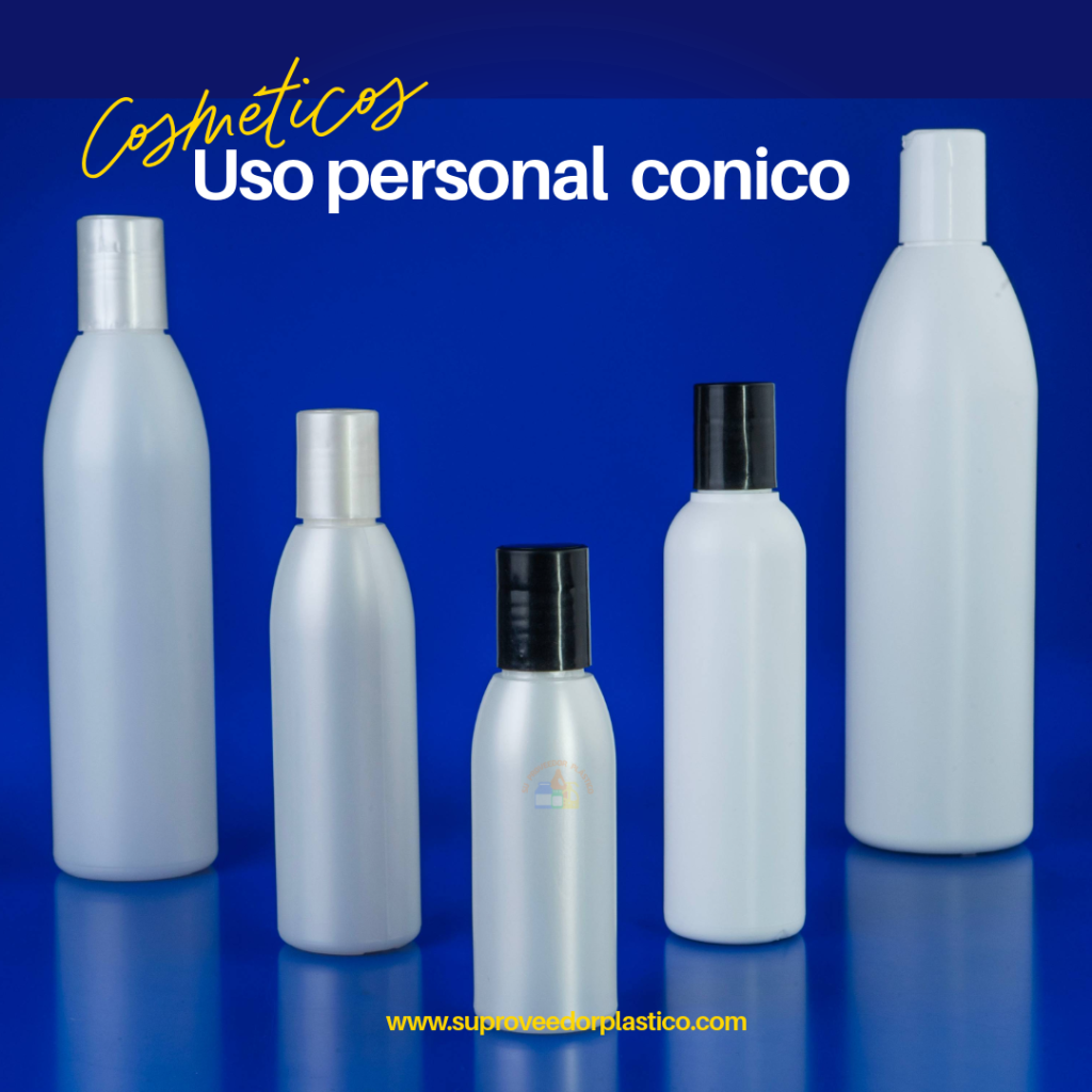 Cinco botellas plásticas blancas opacas de forma cilíndrica con hombros cónicos inclinados, equipadas con tapas Disc-Top y Flip-Top negras, blancas y plateadas.