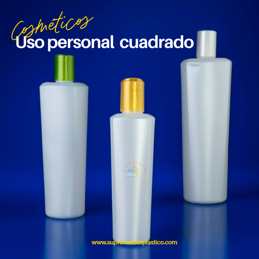 Tres botellas plásticas blancas opacas de forma cuadrada con bordes suaves, equipadas con tapas Flip-Top y Disc-Top en colores verde, dorado y blanco.