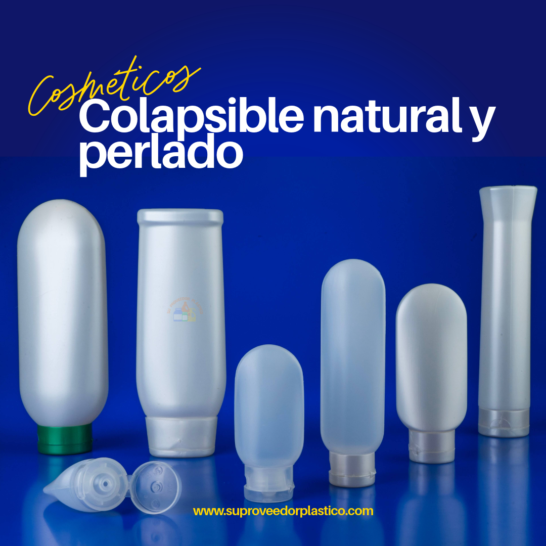 Una fila de seis envases plásticos cosméticos cilíndricos y ovalados, en colores blanco opaco y translúcido, con tapas Disc-Top y Flip-Top de colores blanco, gris y verde.