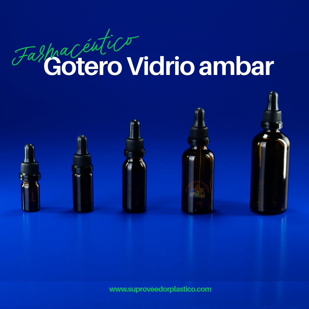 Surtido de frascos cilíndricos de vidrio color ámbar, equipados con tapas gotero que tienen pipeta de vidrio recta y bulbo de goma negra.