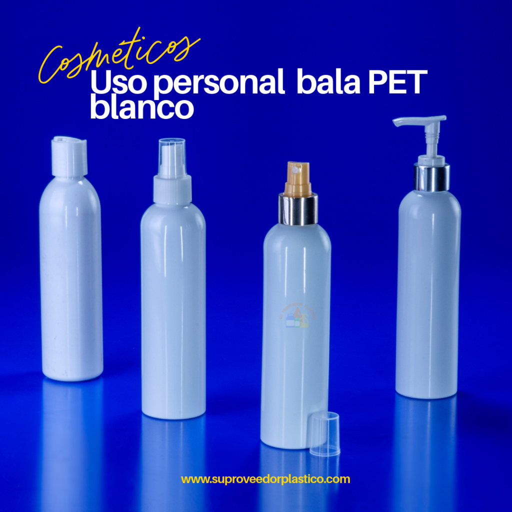 Un surtido de botellas plásticas blancas opacas forma "bala" de diferentes tamaños, equipadas con tapas de rosca de colores, Flip-Top, atomizadores spray, bombas dosificadoras y gatillos.