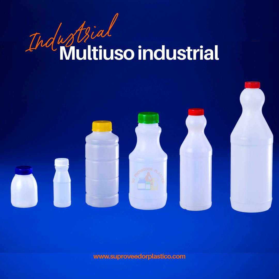 Botella plástica industrial opaca (HDPE) con forma cuadrada o rectangular y amplia área de etiquetado frontal para productos de limpieza o químicos.
