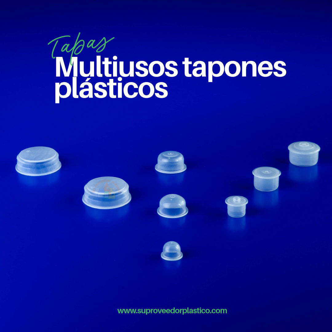 variedad de tapones plásticos sencillos, posiblemente sin rosca, de inserción a presión o con sellos de seguridad (como los de agua embotellada).