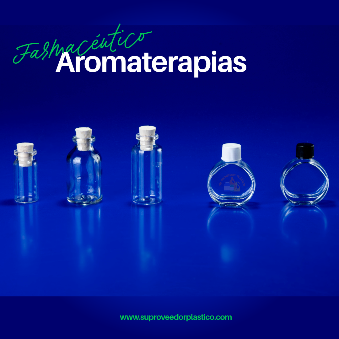 Surtido de pequeños frascos de vidrio transparente (cristal) con forma cilíndrica, mostrando cierres de tapón de corcho y tapas de rosca metálicas o plásticas.
