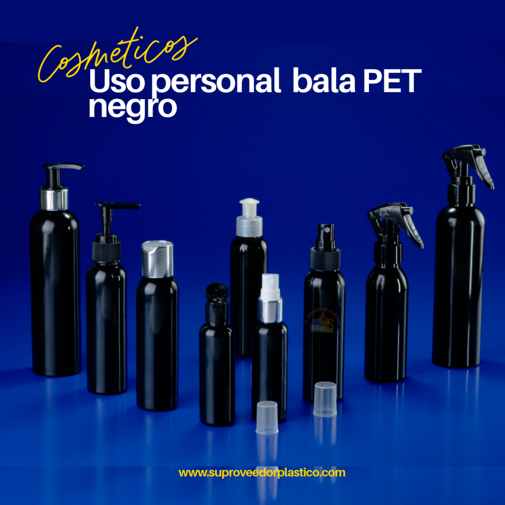 Surtido de botellas plásticas PET de color negro brillante forma "bala", con diferentes dispensadores: bomba para loción, spray, gatillo y tapa disc-top.