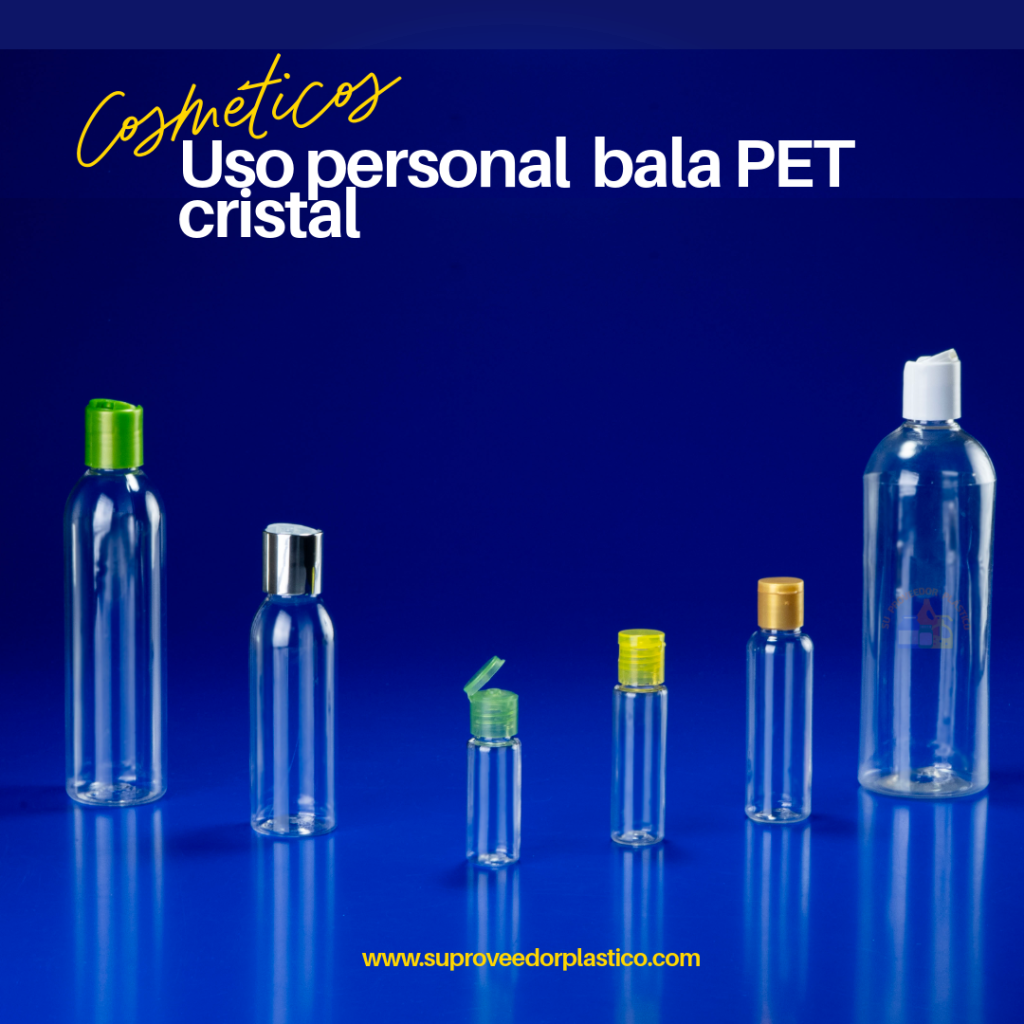 Surtido de botellas plásticas PET transparentes forma "bala" de varios tamaños, con tapas Flip-Top y de rosca en colores verde, dorado, plateado y blanco.