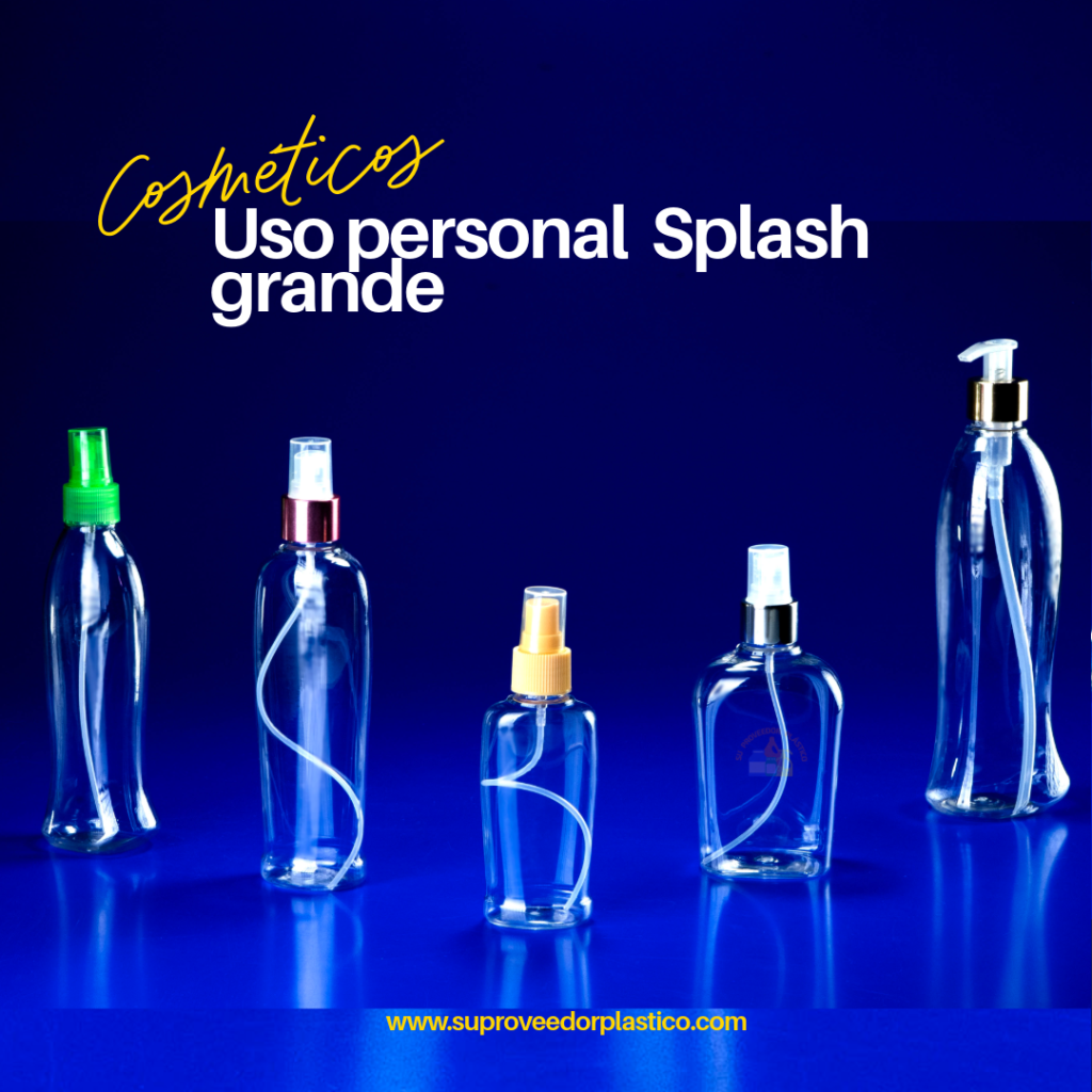 Varias botellas plásticas PET transparentes con forma curva de "cintura de avispa", equipadas con atomizadores de colores y bomba dosificadora.