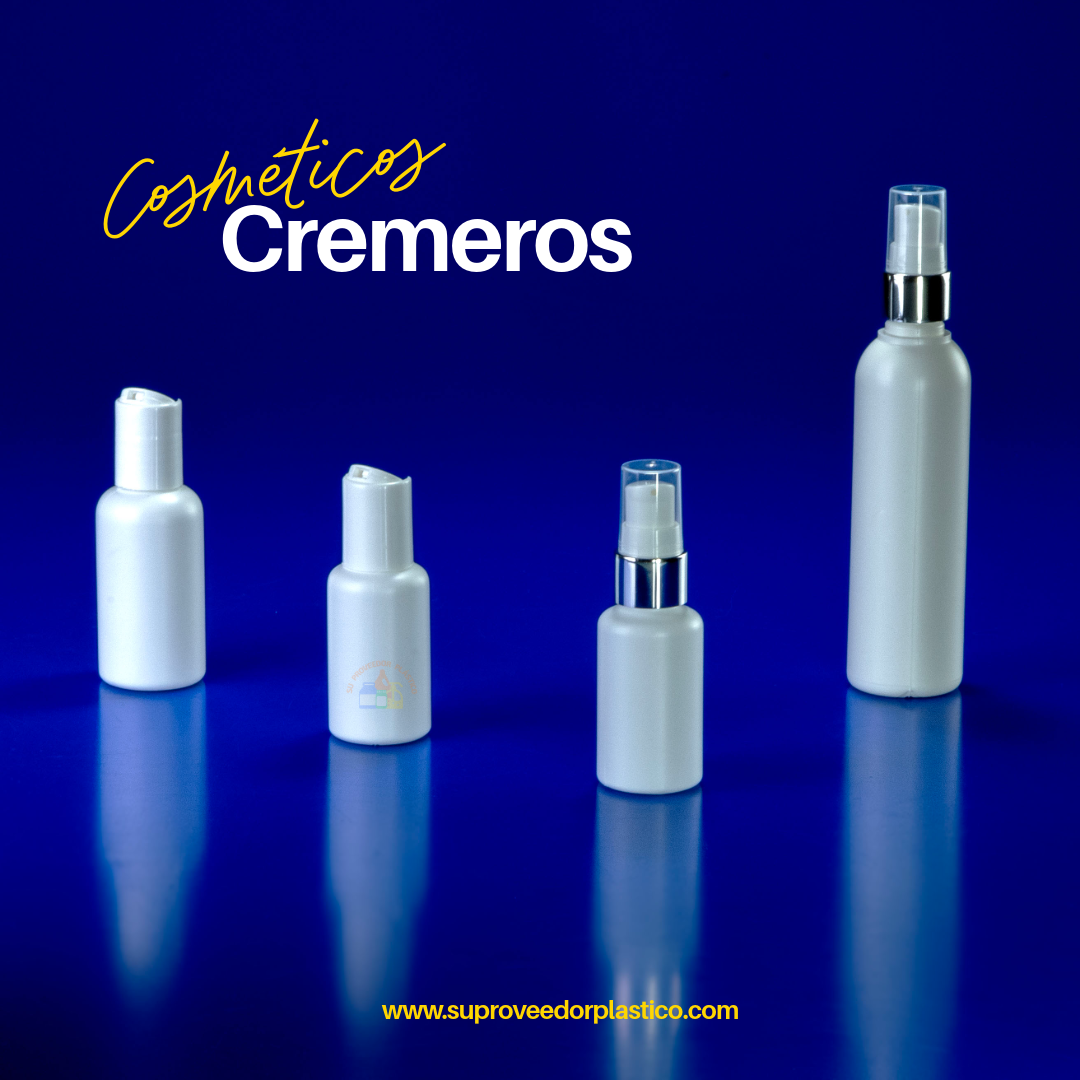 Surtido de envases cremeros cosméticos plásticos redondos y de boca para fácil llenado, en colores transparente, translúcido y blanco opaco, con tapas de rosca.