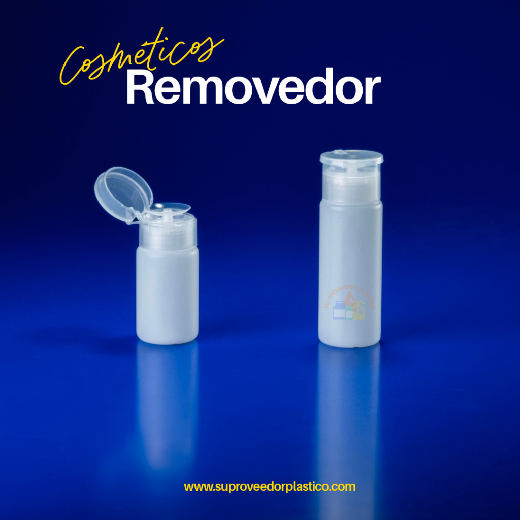 Dos botellas plásticas translúcidas y cilíndricas, una con tapa dosificadora flip-top abierta y otra cerrada. Envases para removedor de esmalte, gel o tónico.
