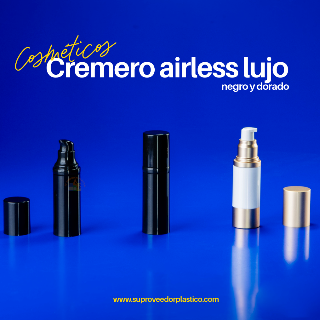 Tres envases cosméticos cilíndricos con bomba Airless, en colores negro y dorado, con tapas protectoras a juego. Envases para sueros y cremas de lujo.