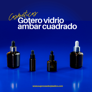frascos goteros de vidrio ámbar de forma cuadrada, con collares plateados y pipetas con bulbos negros y blancos, un gotero cilindrico ambar sobre fondo azul. Envase protector UV.