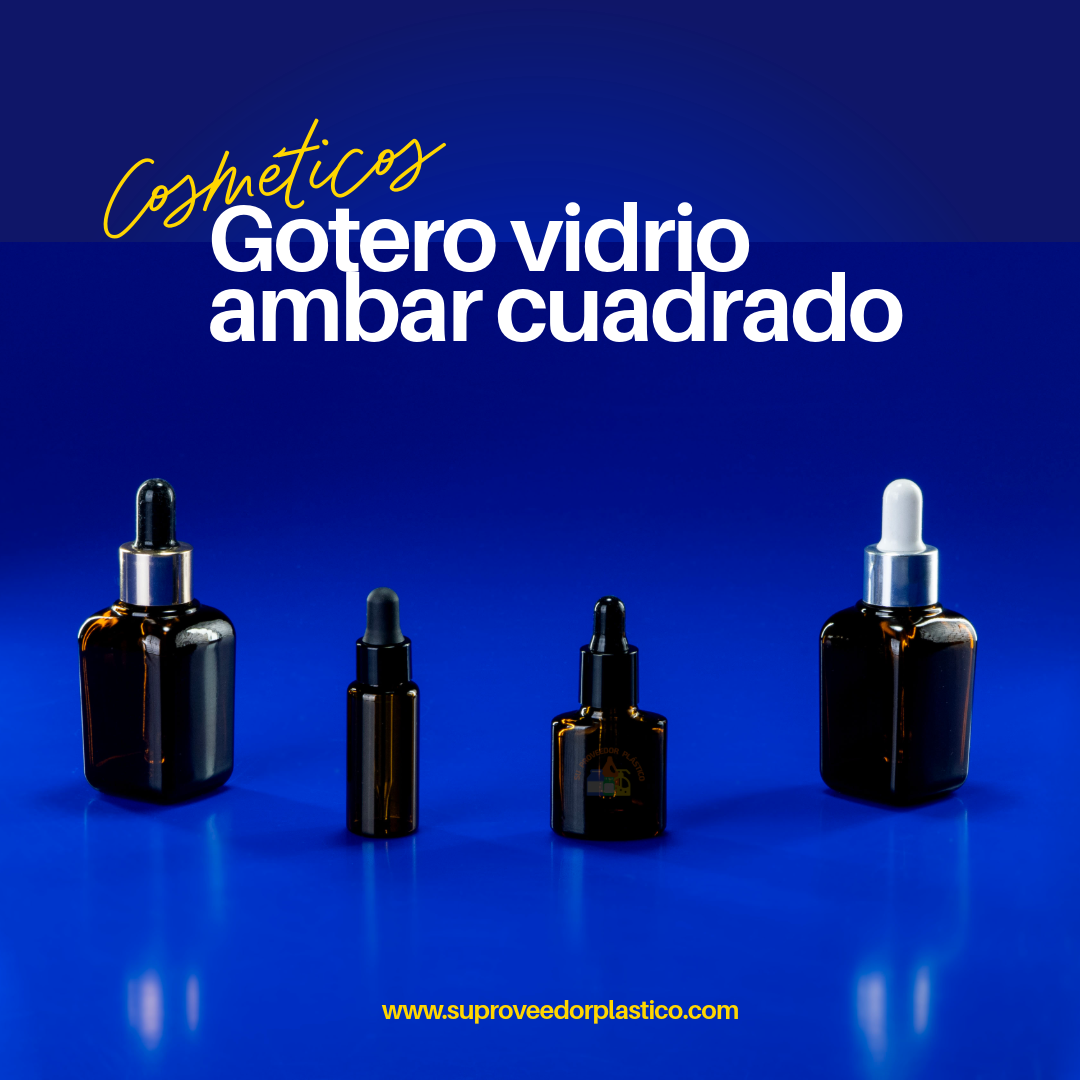 frascos goteros de vidrio ámbar de forma cuadrada, con collares plateados y pipetas con bulbos negros y blancos, un gotero cilindrico ambar sobre fondo azul. Envase protector UV.