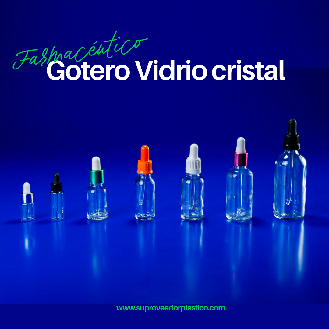 Gotero de vidrio totalmente transparente (cristal) de forma cilíndrica, equipados con el clásico gotero de pipeta de vidrio y bulbo de goma. Este envase prioriza la visibilidad del producto en lugar de la protección lumínica.