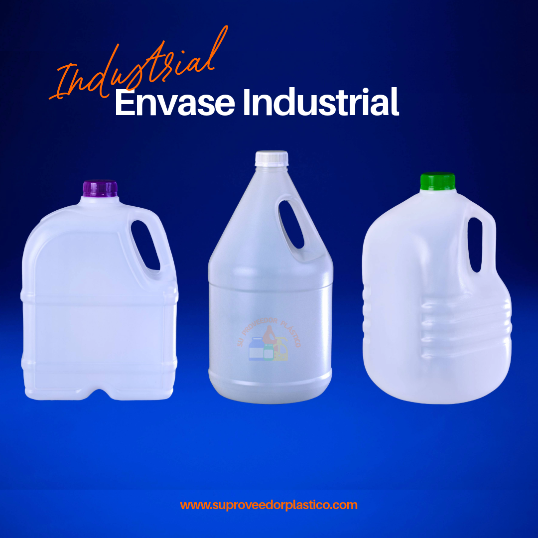 Envases plásticos industriales opacos (blancos y de colores) de Polietileno de Alta Densidad (HDPE) con tapas de rosca, para productos químicos y de limpieza.