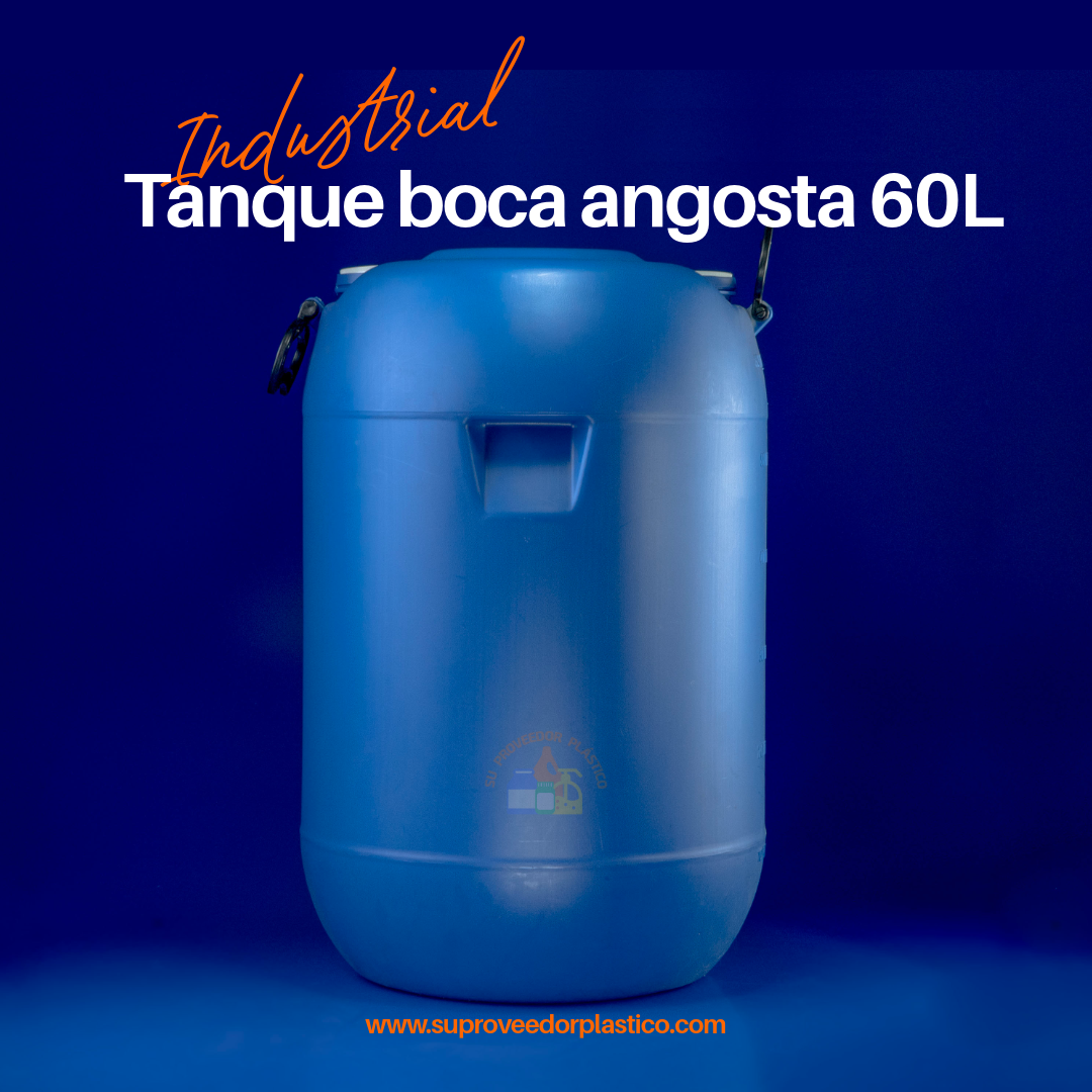 Tanque cilíndrico plástico azul de 60 litros boca angosta con argollas laterales de transporte en Cali.